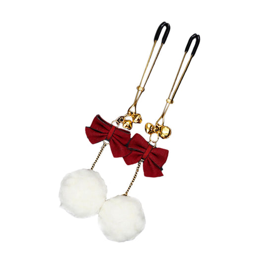 White Hair Ball Red Bow Bell Metal Clip Nipple Cla