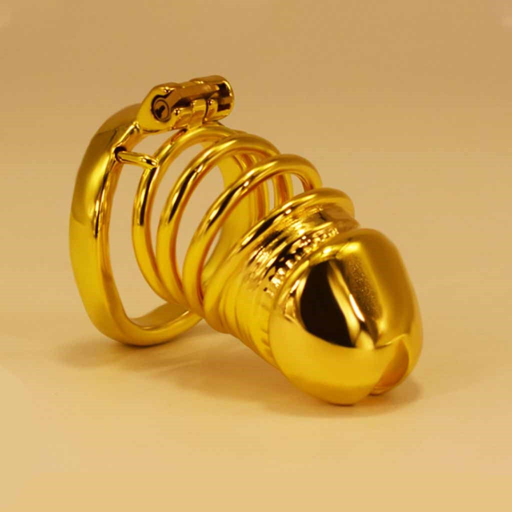 Chastity Belt Gold Color Metal Lock Cock Cage BDSM