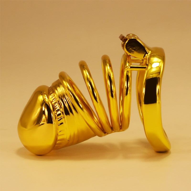 Chastity Belt Gold Color Metal Lock Cock Cage BDSM