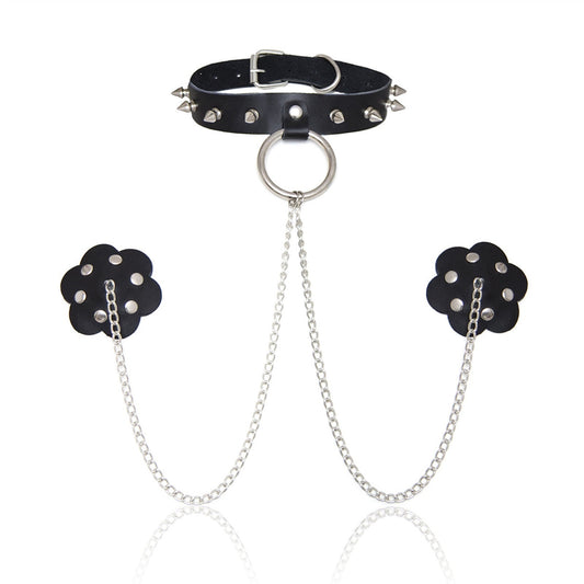 Punk Black PU Leather Rivets Collar Breast Nipple 