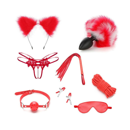 Red artificial fox tail anal plug ear hairpin set 